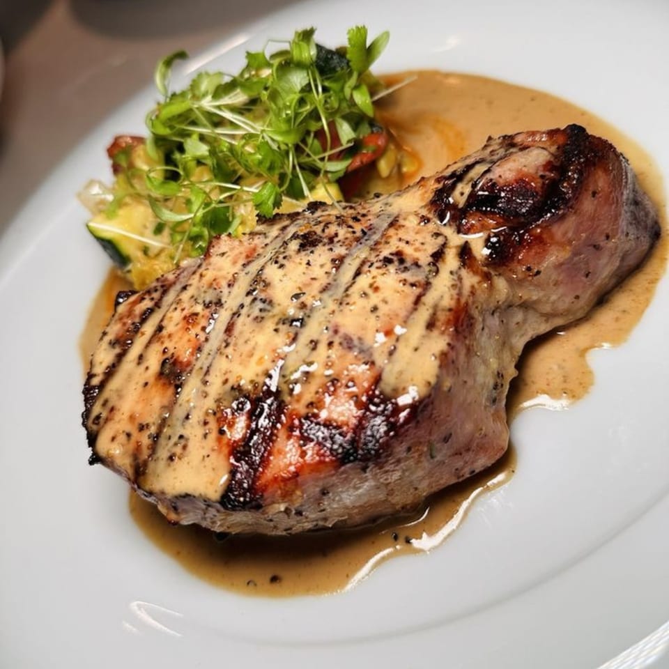 Grilled pork chop with creamy sauce, garnished with fresh greens and vegetables on a white plate.